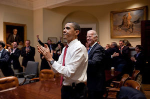 Obama applauds his bill, and other Democrats applaud him. That was then. This is now.